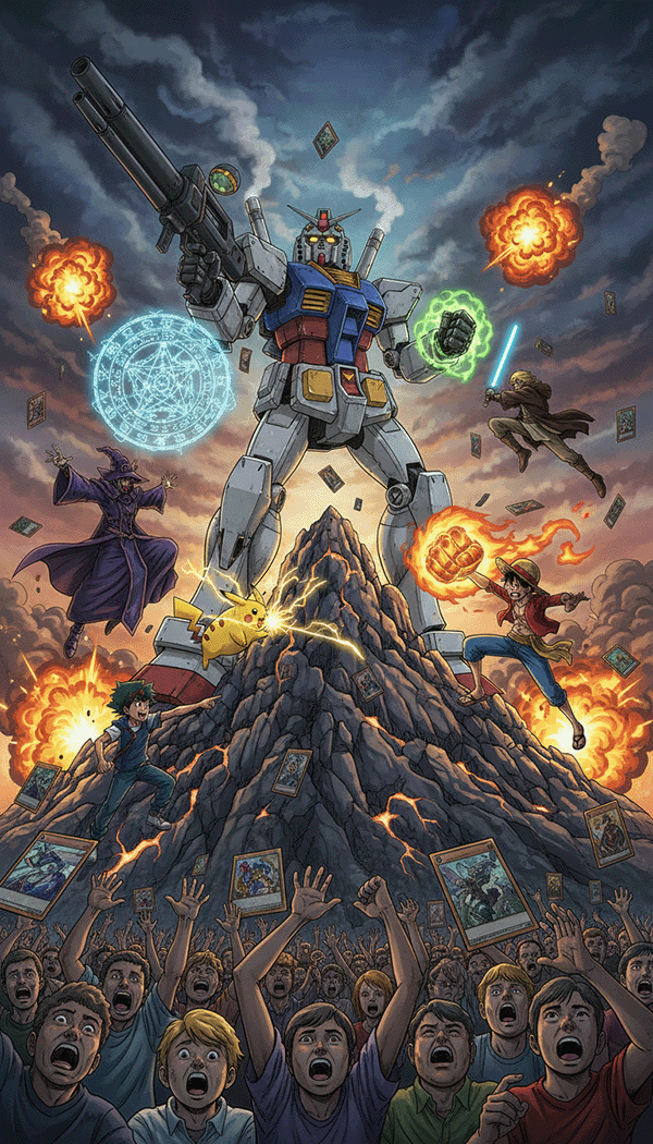 Battle between Pikachu, Luffy, Gundam, and Wizard